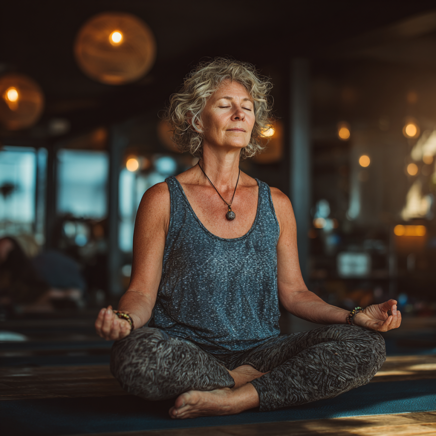 Старша жінка займається йогою