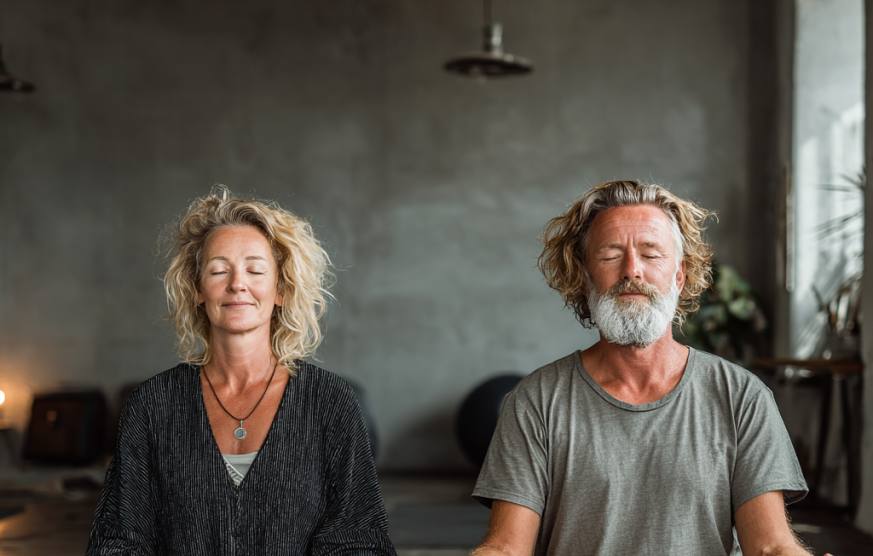 Група людей зрілого віку займається йогою